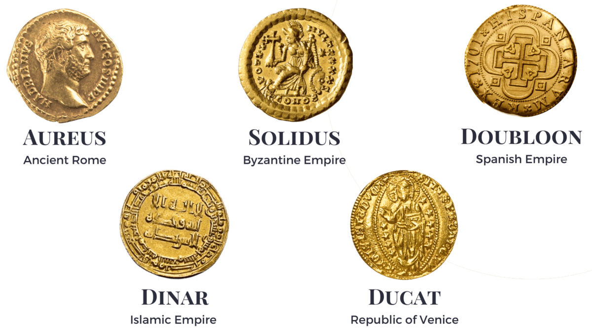 Collection of ancient gold coins: Aureus, Dinar, Solidus, Ducat, Doubloon